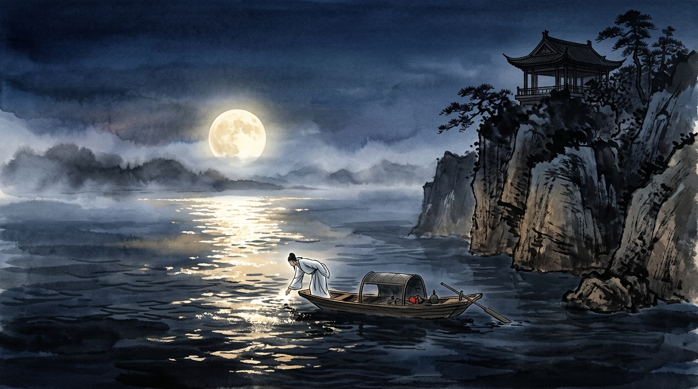 Moonlit night at Caishi Cliff on the Yangtze, a poet bending toward the moon in the water