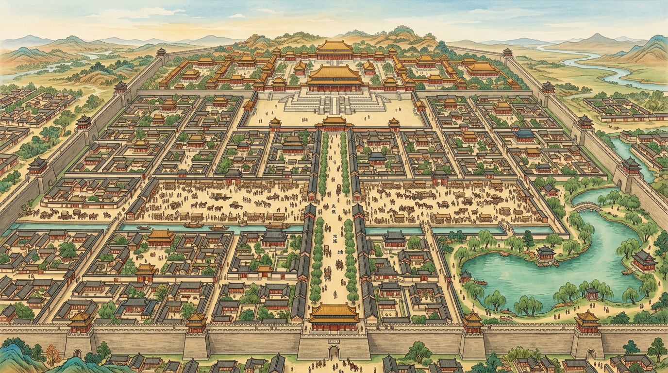 Bird's-eye view of Tang Chang'an: city walls, wards, palaces, the two markets and the Vermilion Avenue