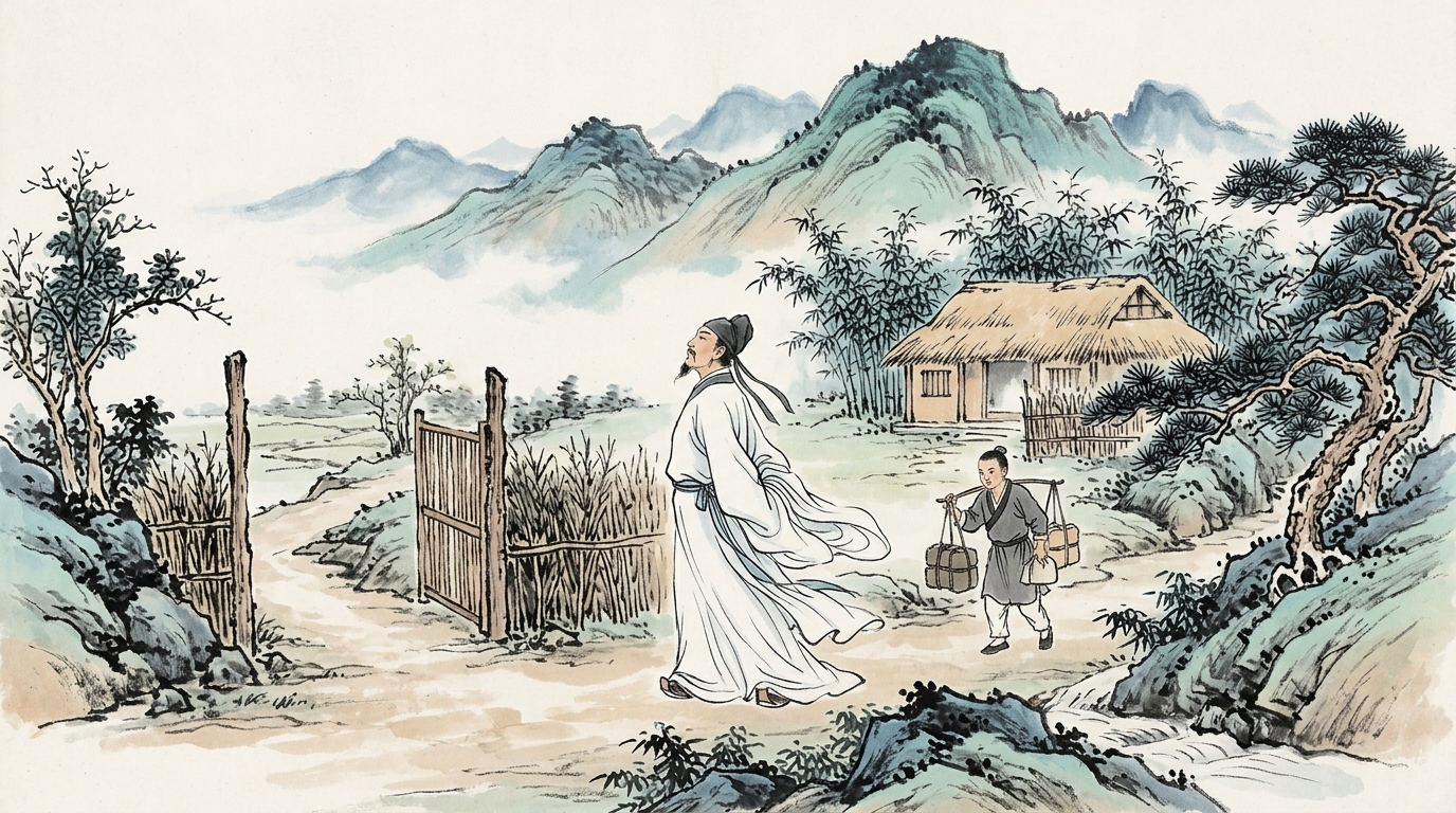 A poet in white robes, laughing, sword on his back, setting out for the capital