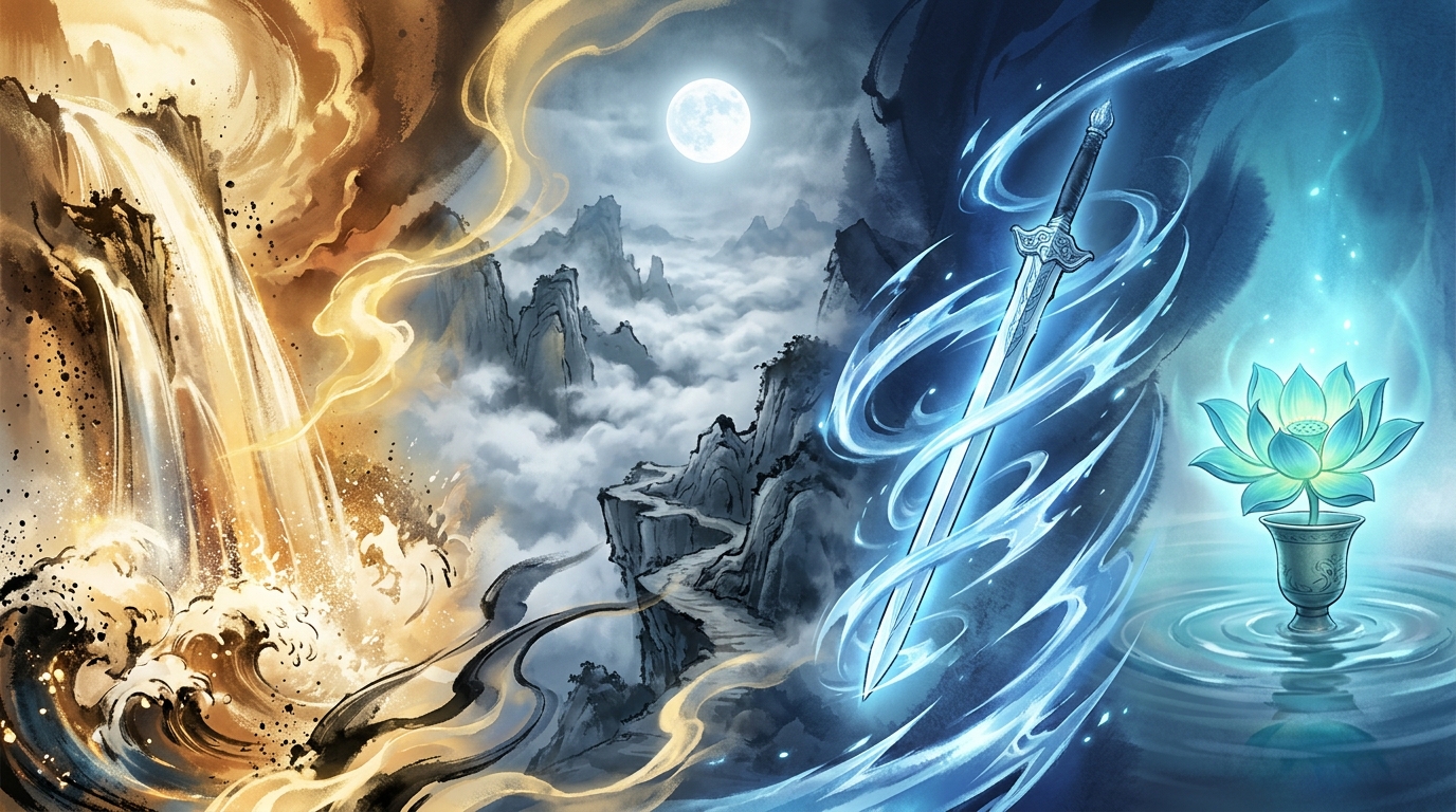 Four-panel motif: river waves, moon over a mountain path, a drawn sword, a lotus on the water