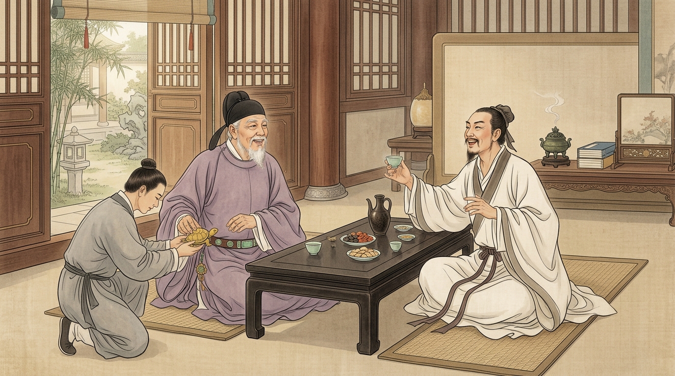 Two Tang literati meet in a Daoist courtyard; a golden belt ornament is traded for wine