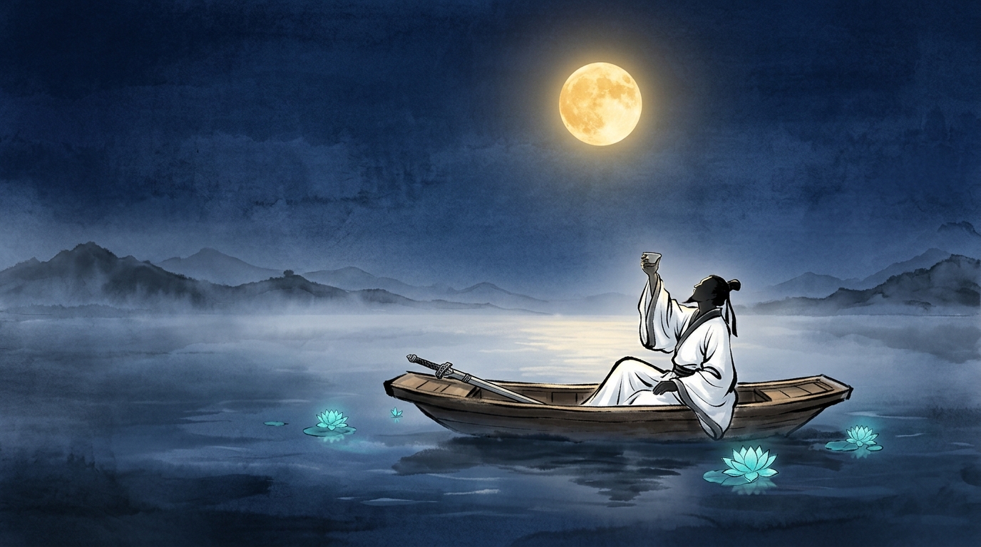A boat on a moonlit river; a poet in white raises his cup, a sword at his feet, lotus on the water