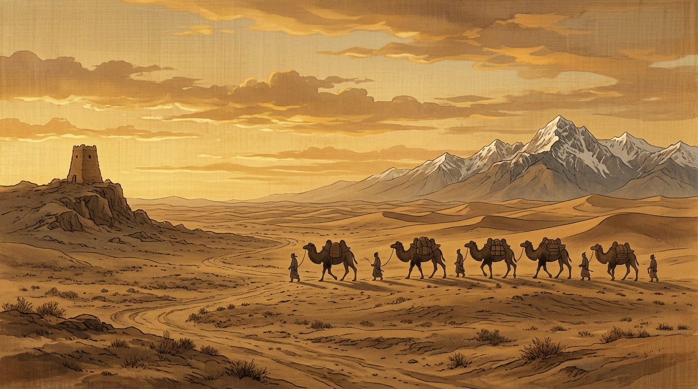A camel caravan on the Silk Road: gobi, beacon towers, snow mountains