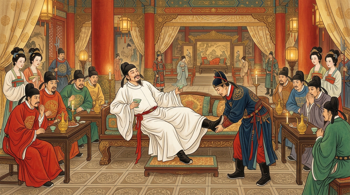 A drunk poet lifts his foot at a palace banquet as an official kneels to pull off his boot