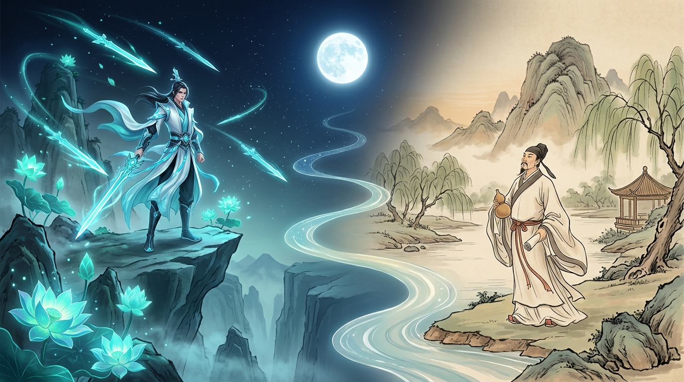 Paired portrait: the game's sword immortal and the Tang poet Li Bai walking and chanting
