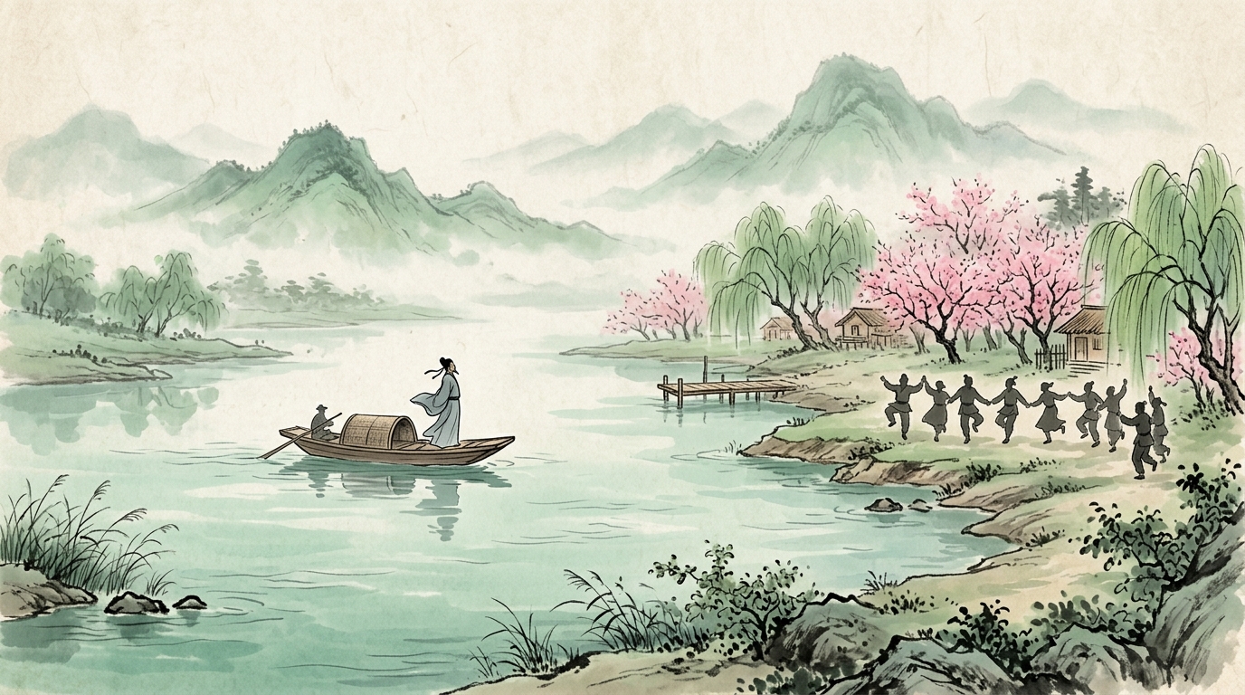 Villagers sing and stomp a farewell rhythm at a ferry crossing as the poet turns on his boat