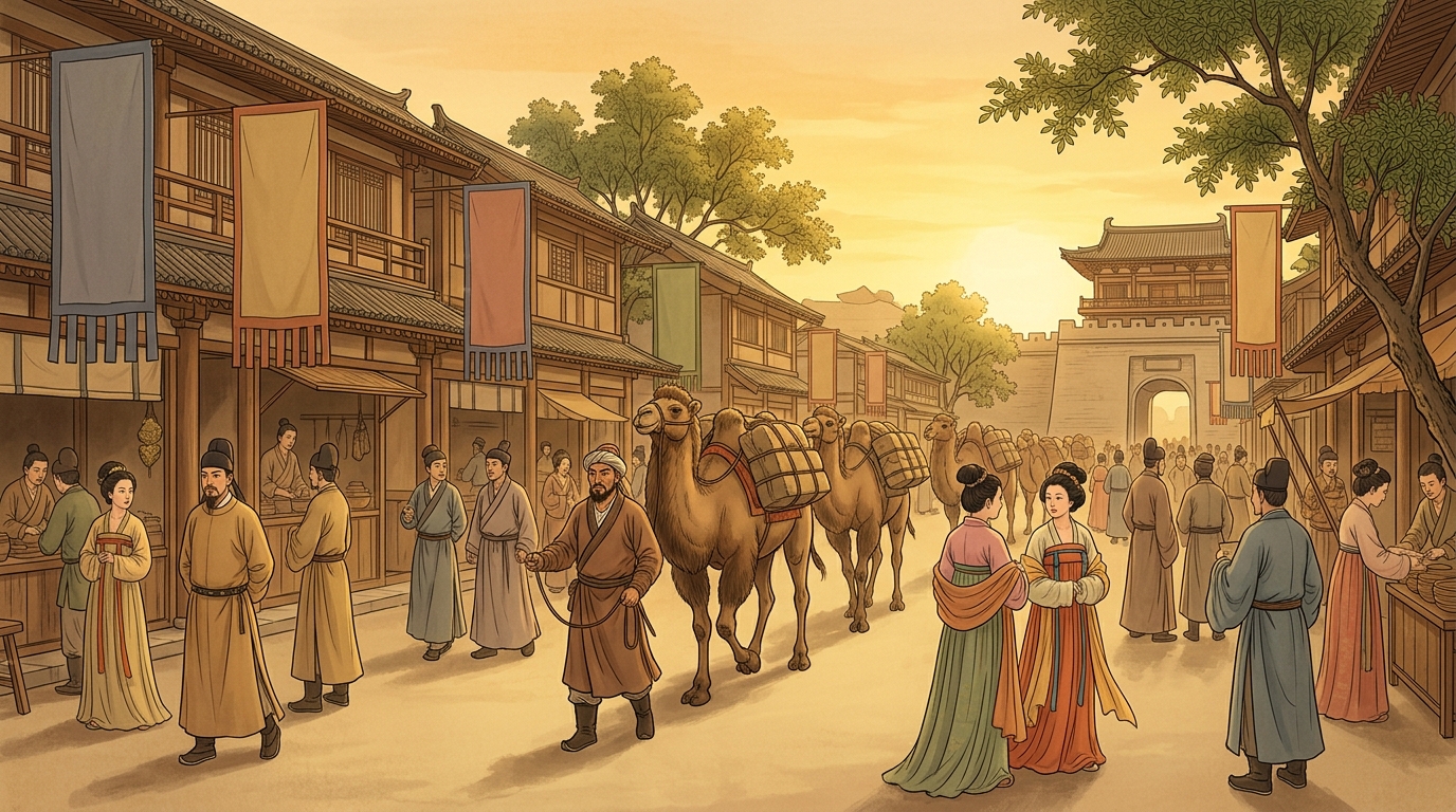 The West Market of Chang'an: wine shops, banners, camels and crowds