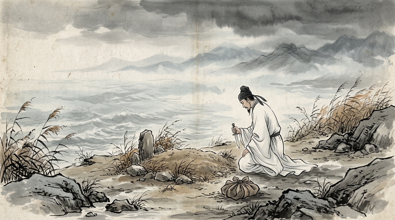 By Lake Dongting at night, a poet in white carries his friend's bones wrapped in white cloth