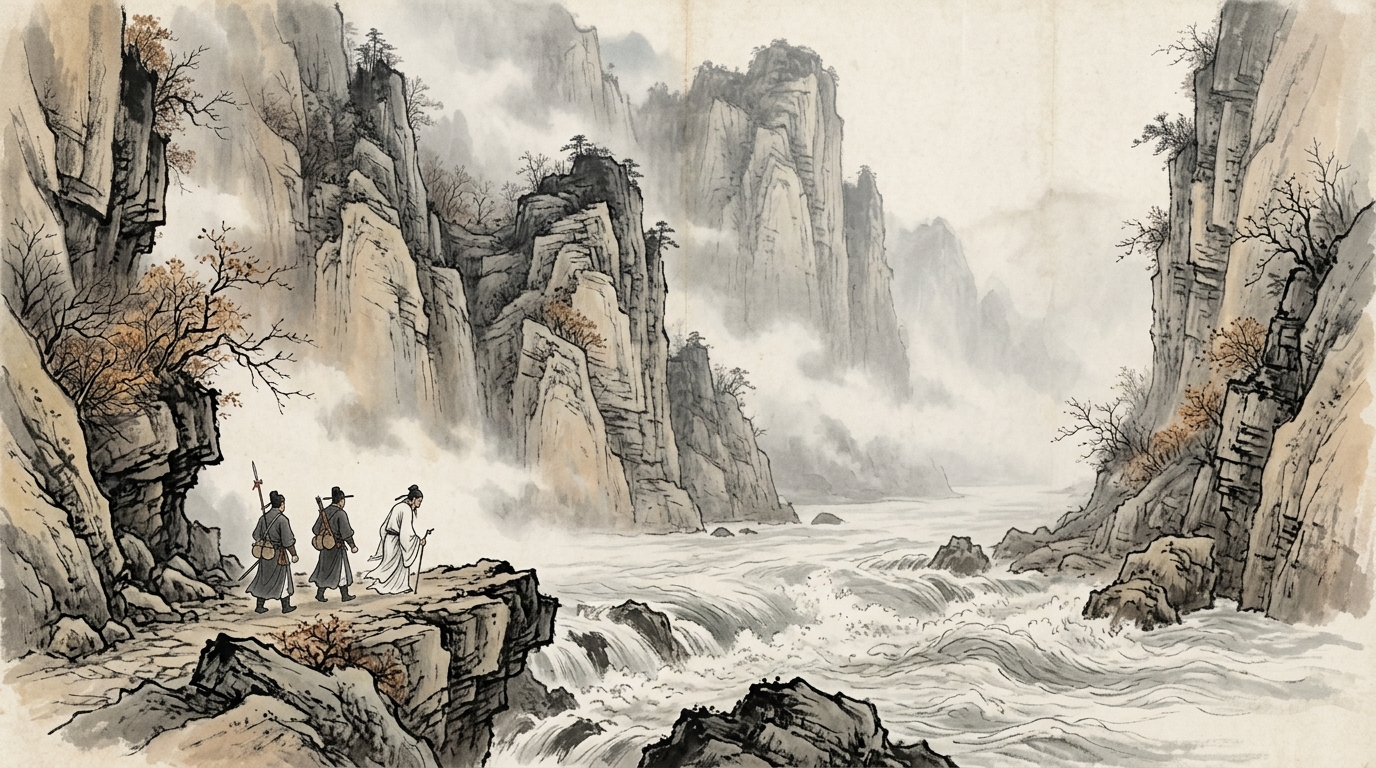 A lone boat working upriver through gorges, a poet standing at the bow