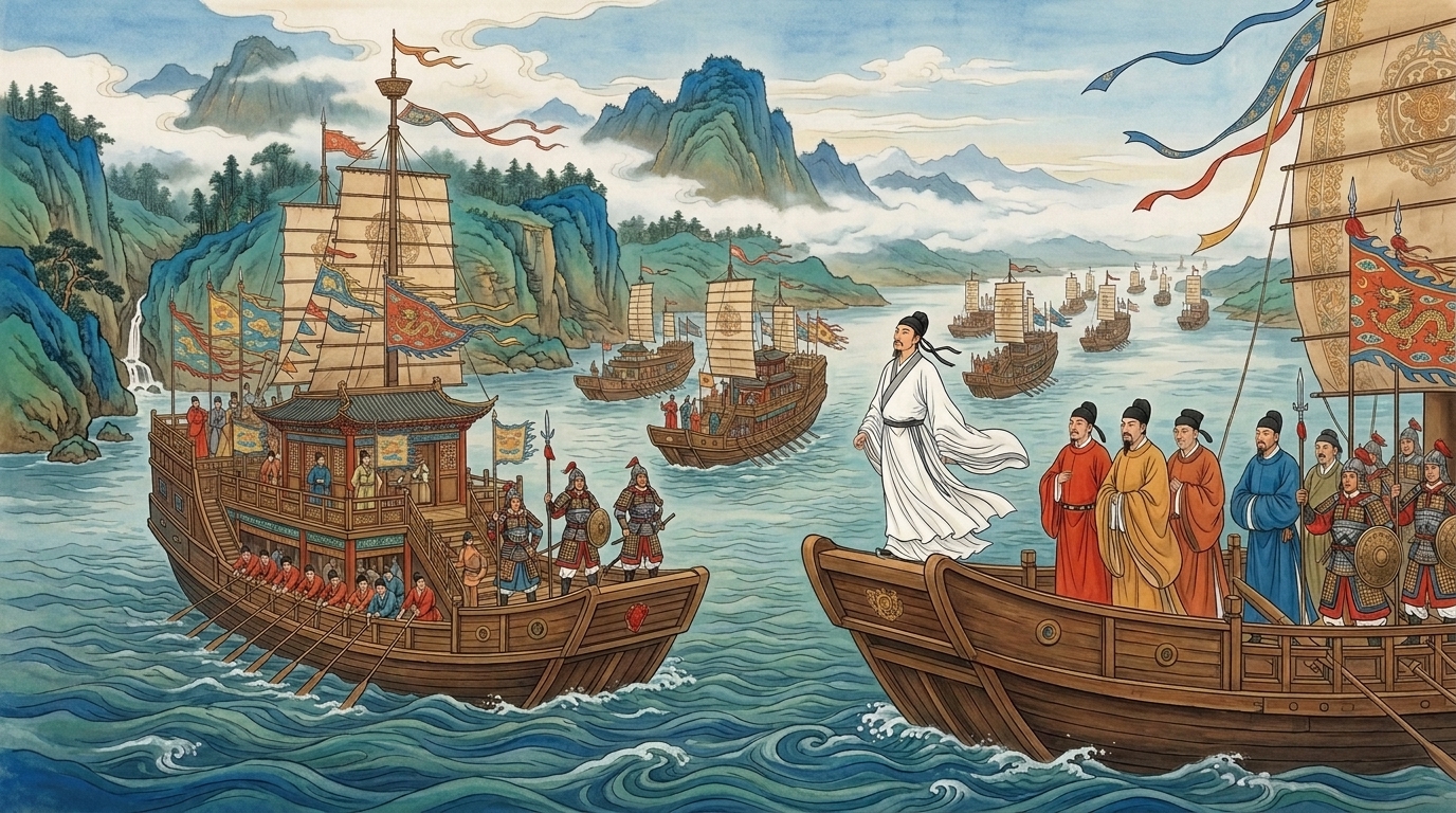 A war fleet on the Yangtze, banners flying, a poet standing at the bow