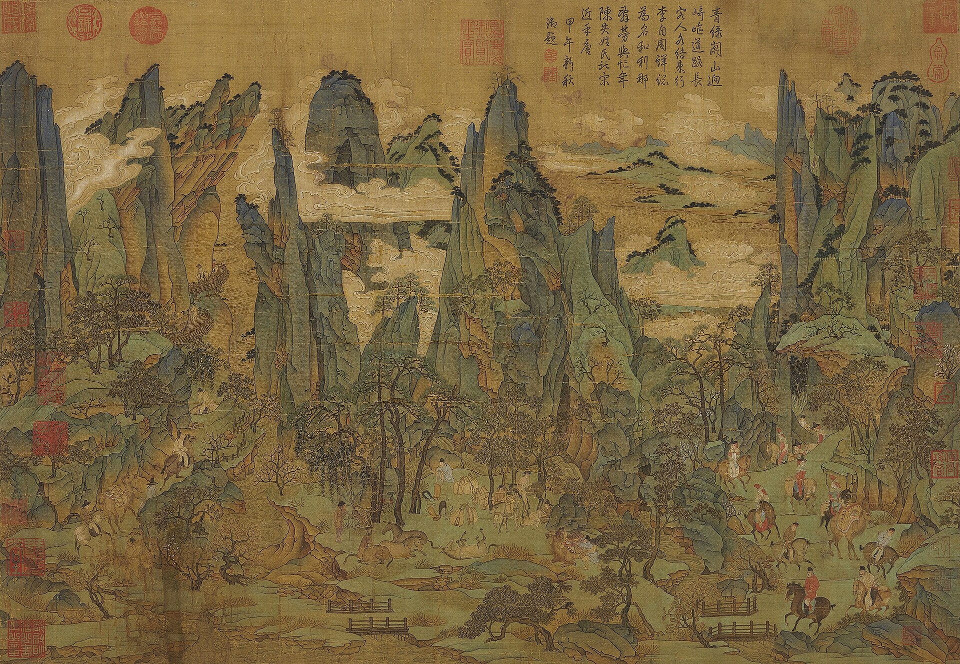 Emperor Minghuang's flight to Shu, blue-green landscape attributed to Li Zhaodao
