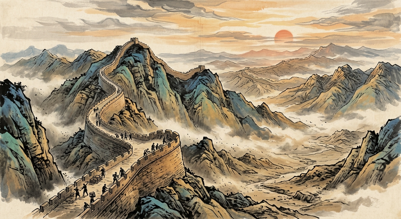 The Qin wall winding along the Yin mountains to the horizon, the small silhouettes of soldiers and convicts on it