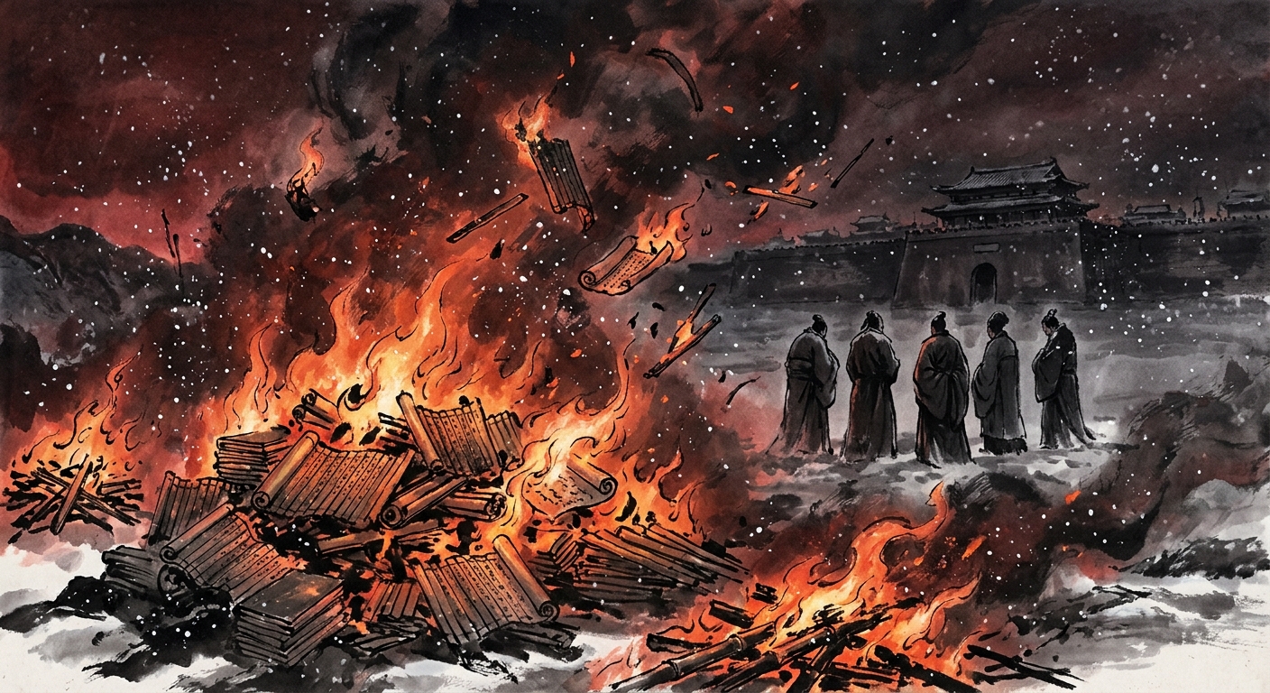 A night of burning books in Qin: bamboo slips in the flames, snow lit red, a scholar watching from afar