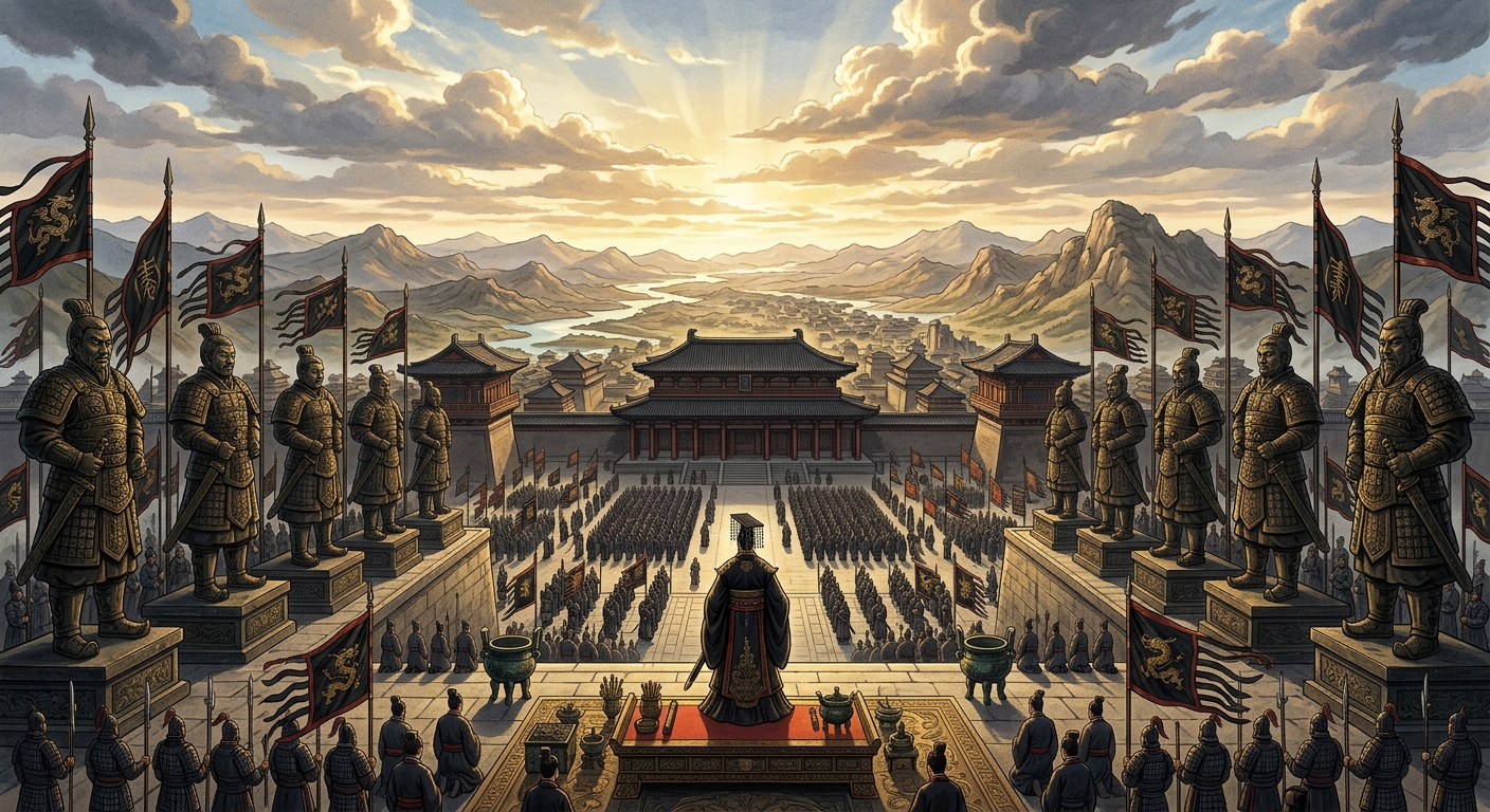 The proclamation at the high terrace of the Xianyang palace, the twelve bronze colossi in rows, the First Emperor in ceremonial robes seen from behind