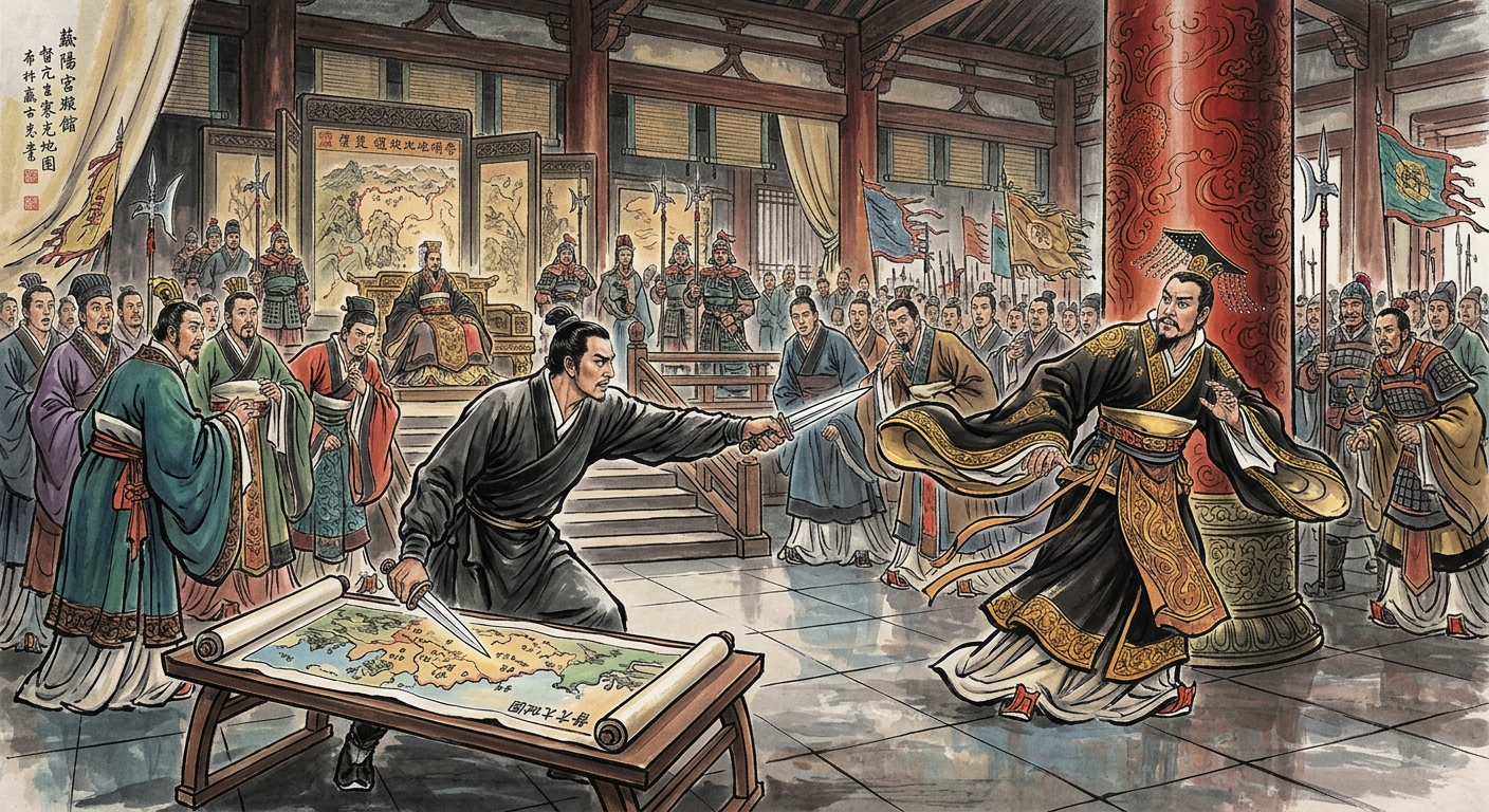The instant of Jing Ke's attempt on the King of Qin: the Dukang map unrolled, the dagger flashing, the king springing up and circling the pillar