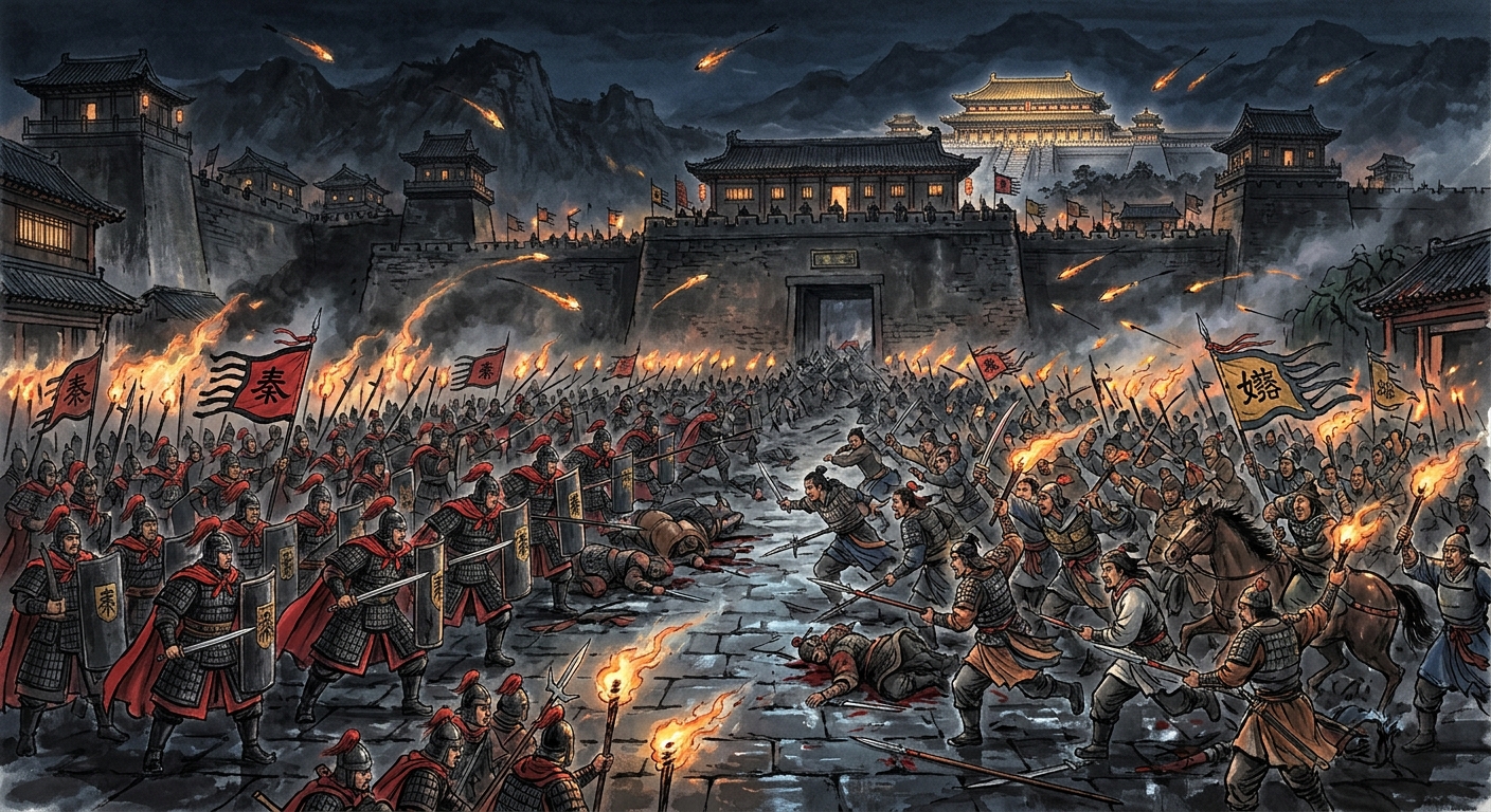 Night battle at Xianyang during the Lao Ai revolt: black-armored Qin troops against the rebels, fire arrows falling, the Qinian Palace burning in the distance
