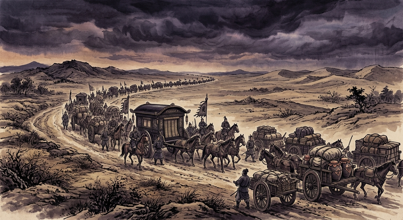 The traveling carriages on a summer road, dusk closing in