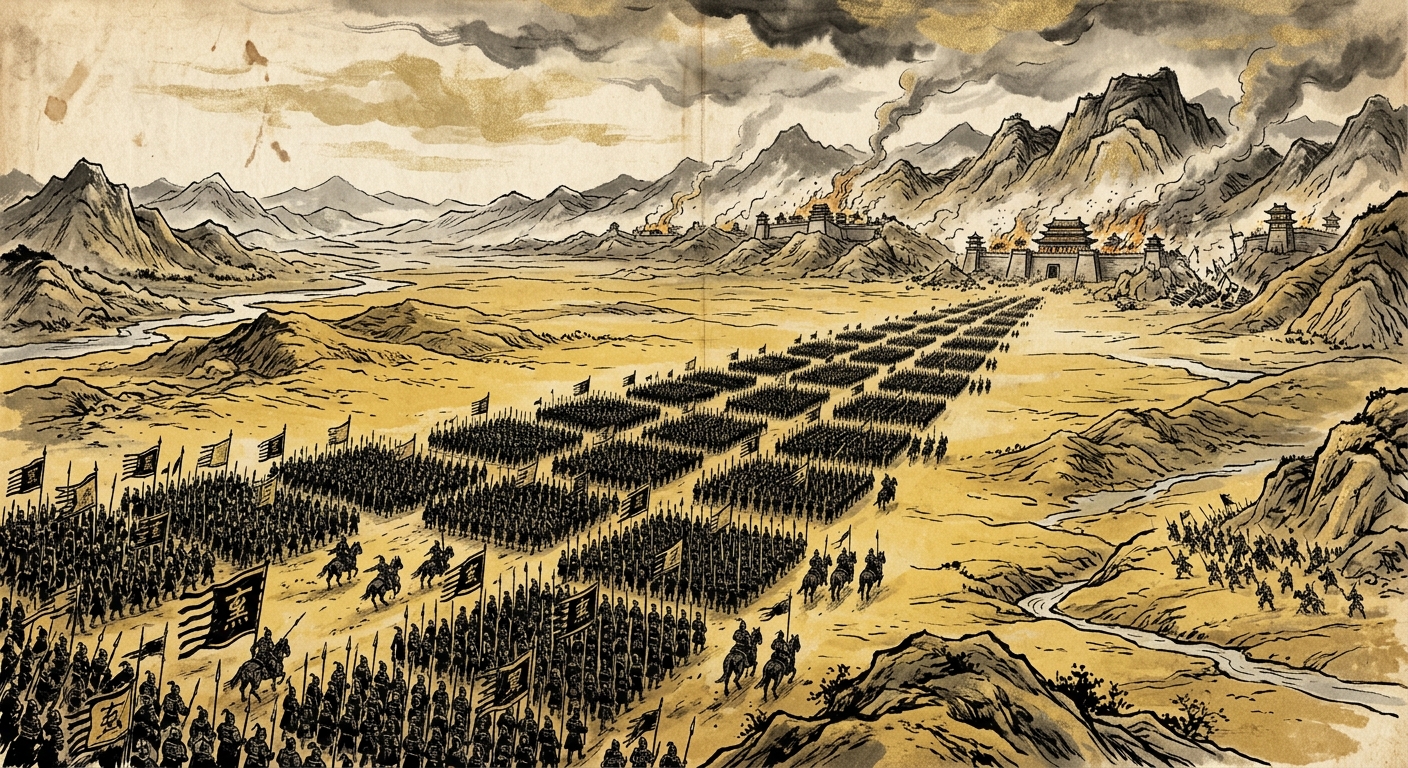 Black-bannered Qin columns advancing over a war map of the six states, their cities smoking