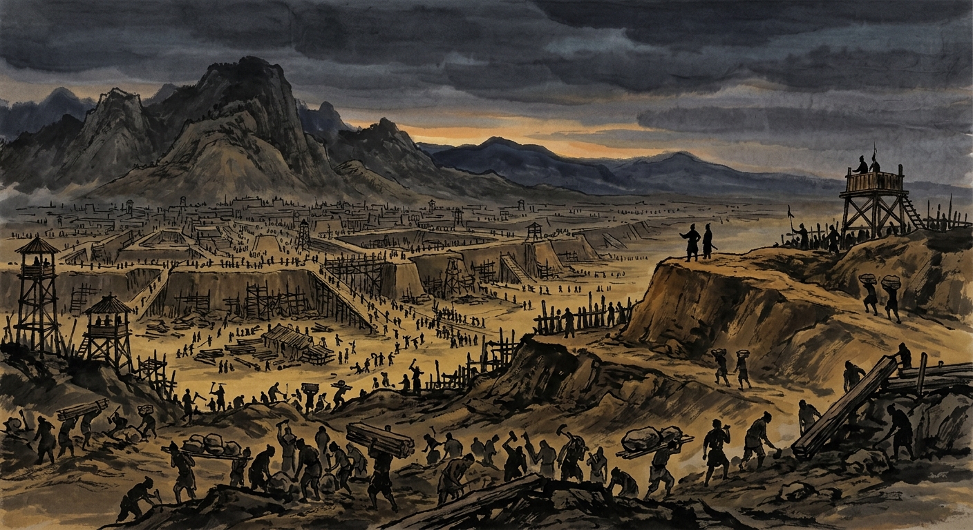An ink painting of the vast worksite at the foot of Mount Li, silhouettes of convicts carrying rammed earth and great stones